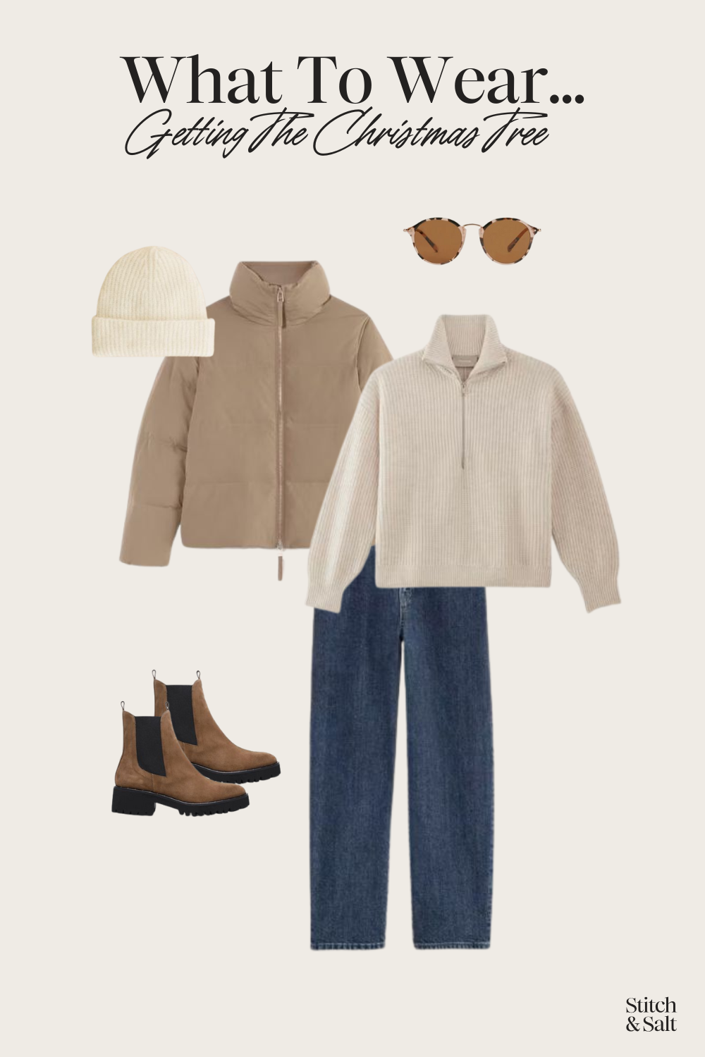 what to wear to get the christmas tree: a half zip sweater, tan cropped puffer coat, dark wash jeans, and chunky chelsea boots