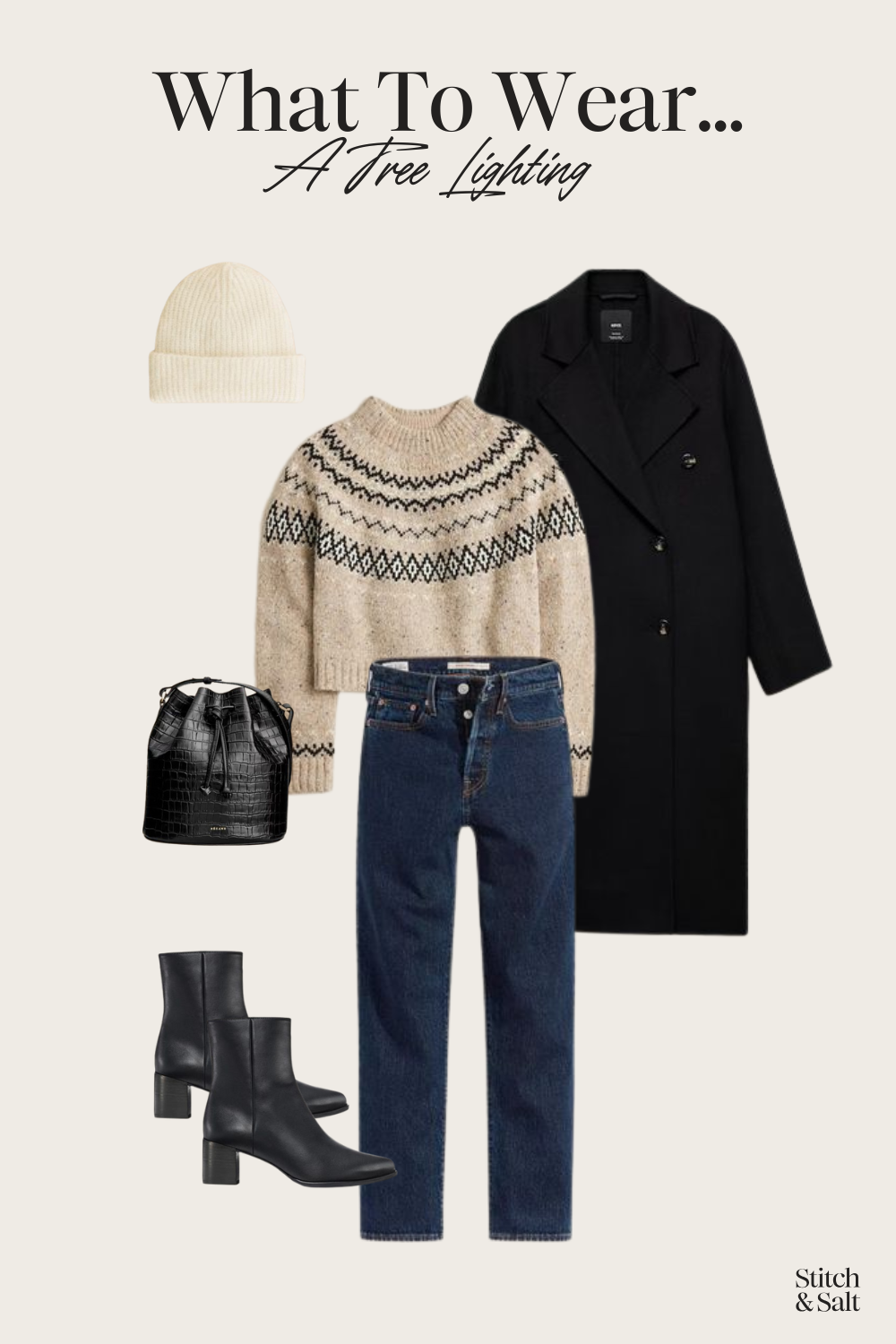 what to wear to a christmas tree lighting: a fairisle sweater, black wool coat, straight leg jeans, black heeled ankle boots, a black bucket bag, and ecru beanie