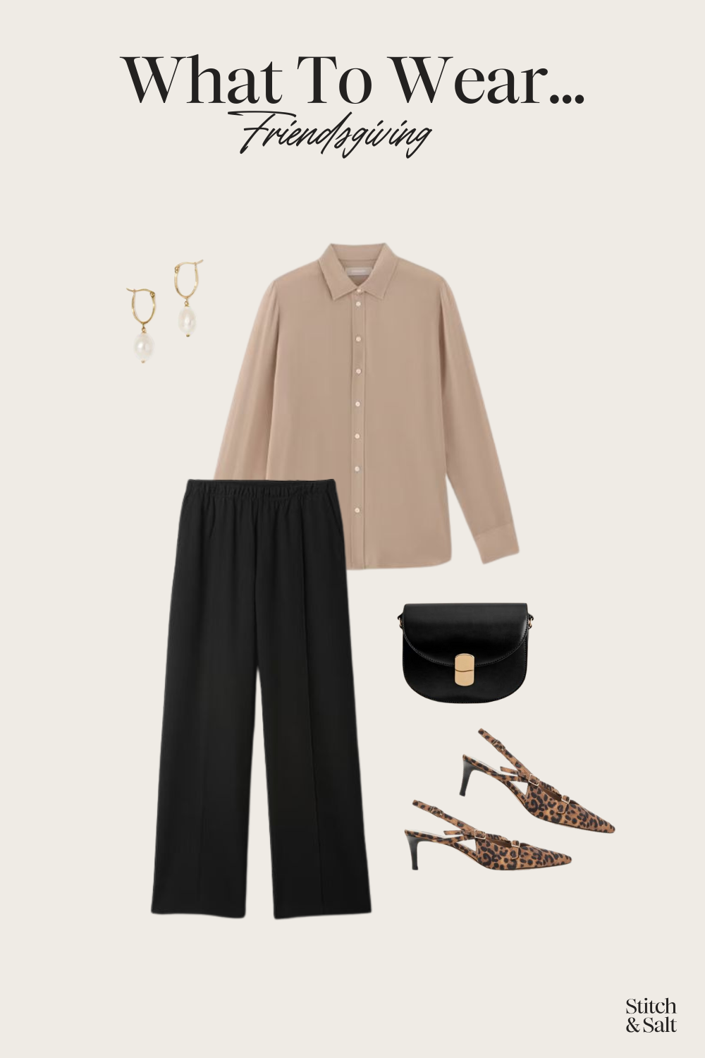 what to wear to a friendsgiving: a tan silk button down, black elastic waist pants, leopard print sling back flats, and pearl earrings