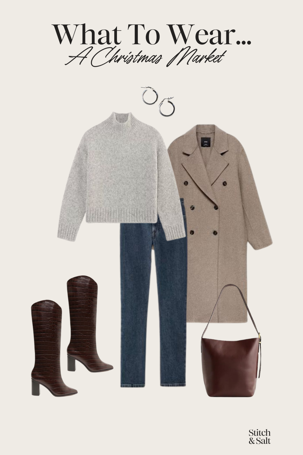 what to wear to a christmas market: gray mockneck sweater, tan wool coat, slim cut jeans, knee high boots, and a brown tote bag
