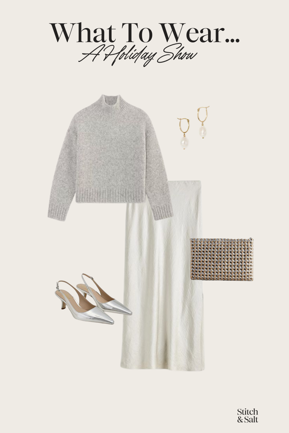 what to wear to a holiday show: gray mockneck sweater, white slip skirt, silver slingback flats, pearl earrings, and a silver woven clutch bag
