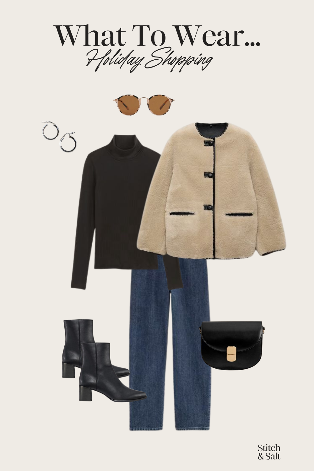 what to wear holiday shopping: a black turtleneck, faux fur coat, dark wash jeans, and black heeled ankle boots