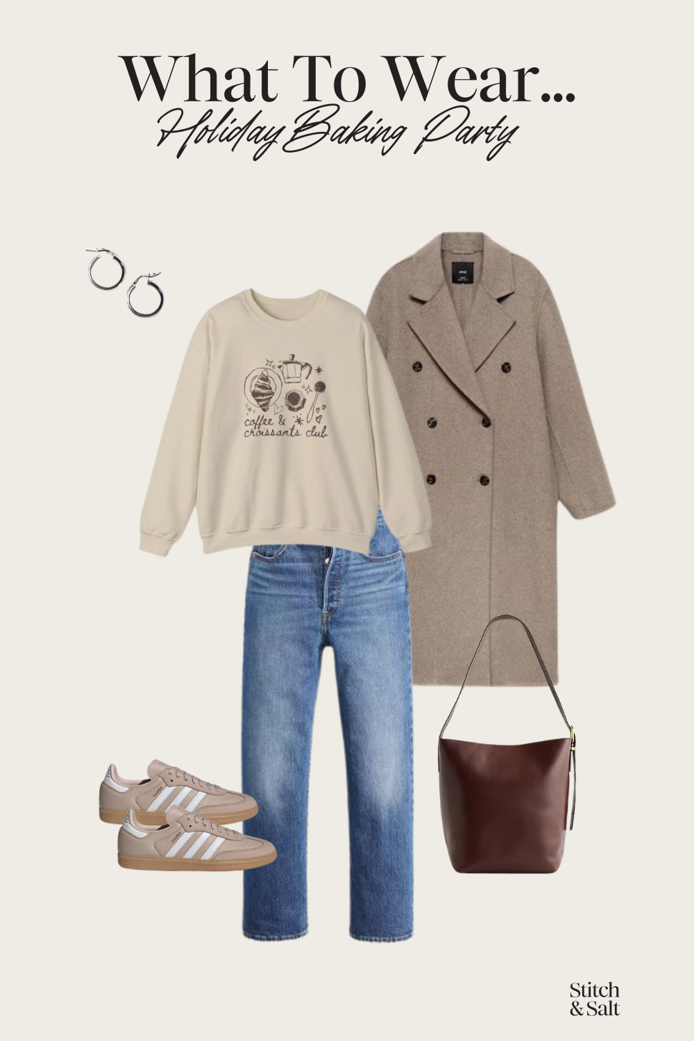 what to wear to a holiday baking party: a graphic sweatshirt, wool coat, light wash jeans, and tan sneakers