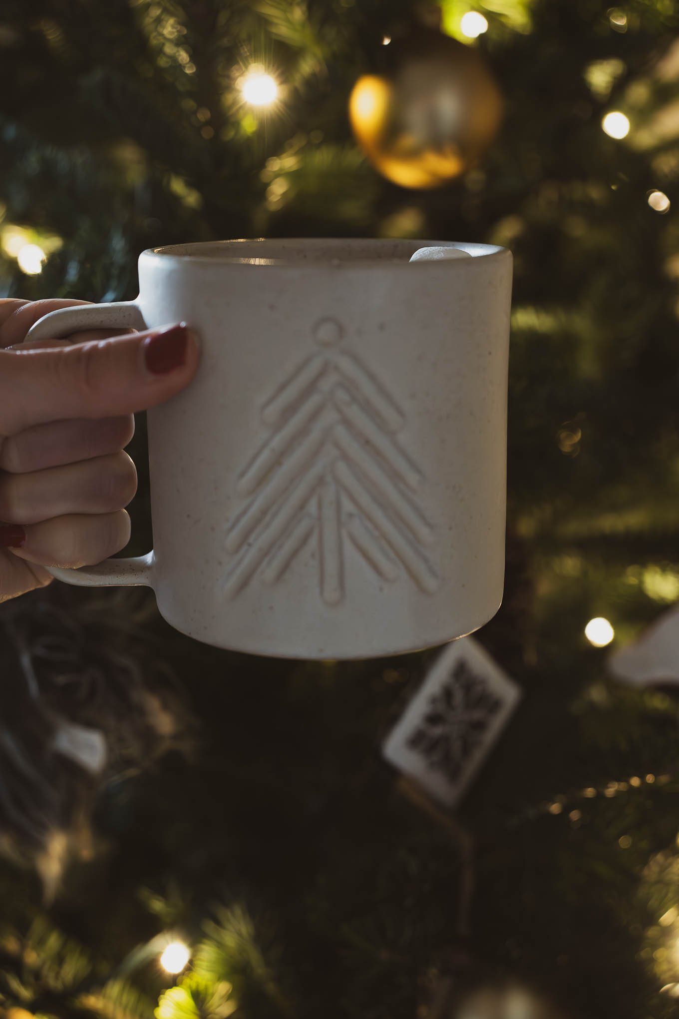 hot chocolate in a ceramic mug held in front of a christmas tree