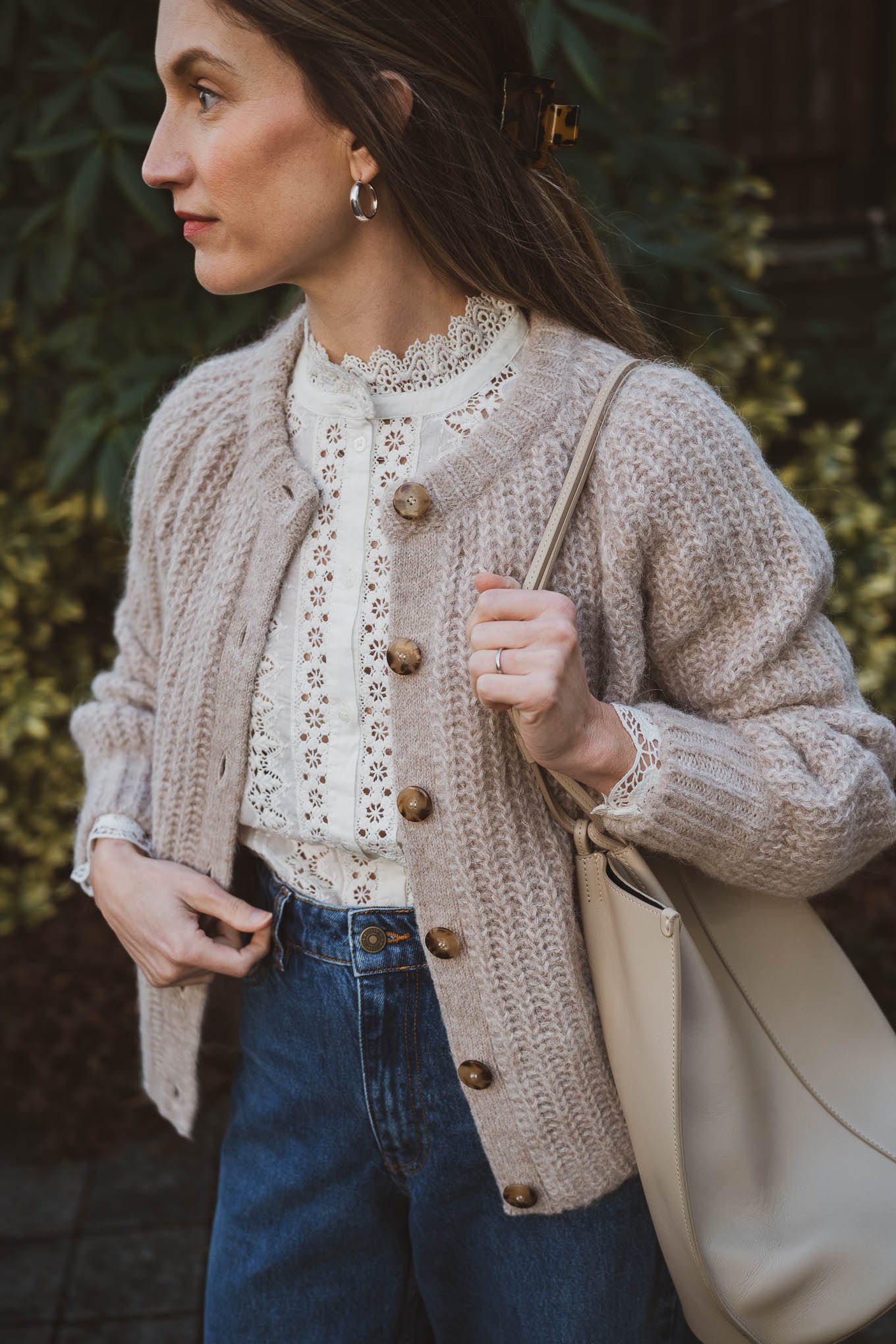 Sézane emilie cardigan review; ashley wearing the Rym Blouse, Emilie Cardigan, Wide Leg Trousers, Axelle Boots, and the Romie Bag