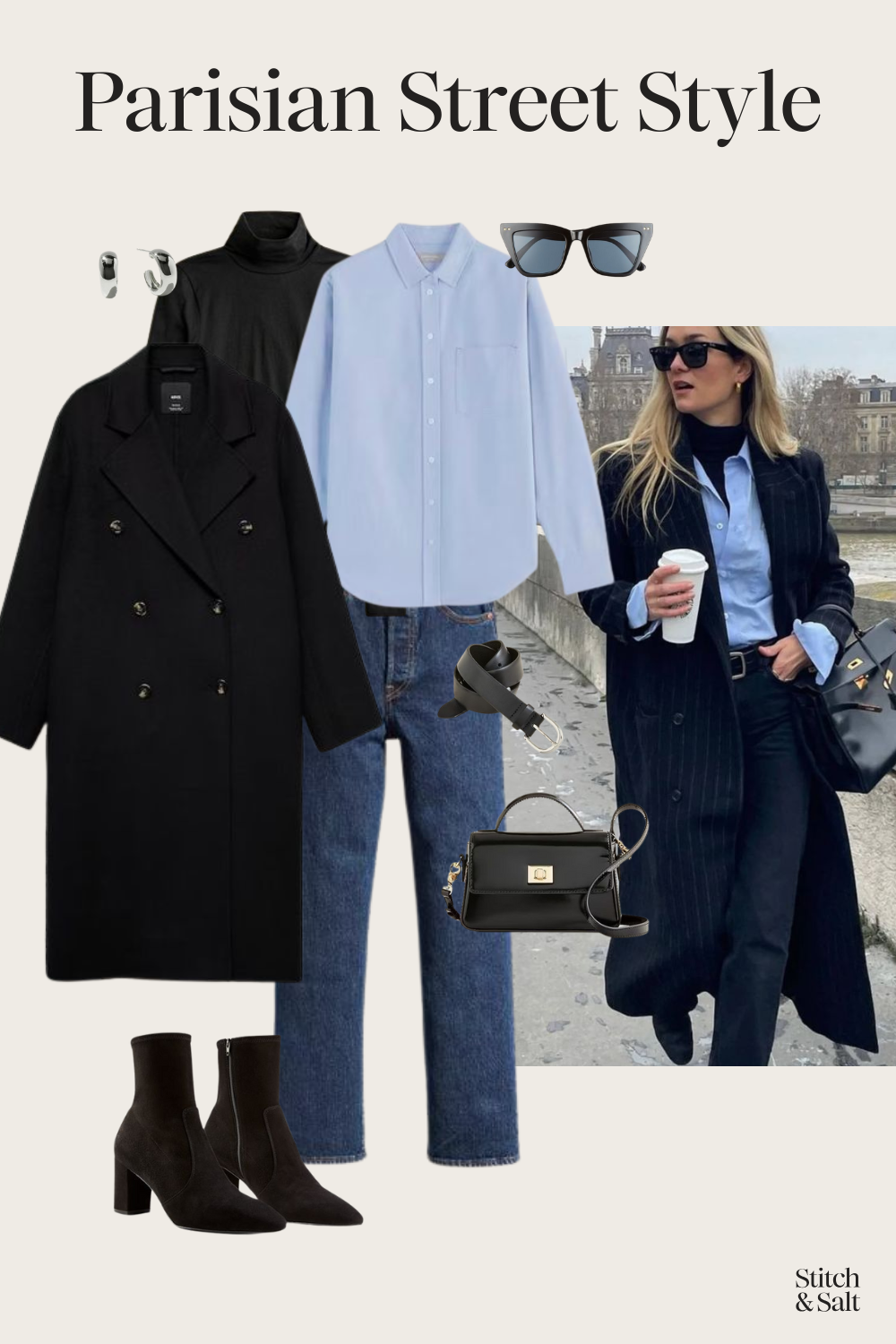 Parisian street style winter outfit idea with a black turtleneck, blue button down, black wool coat, black boots, and a black belt