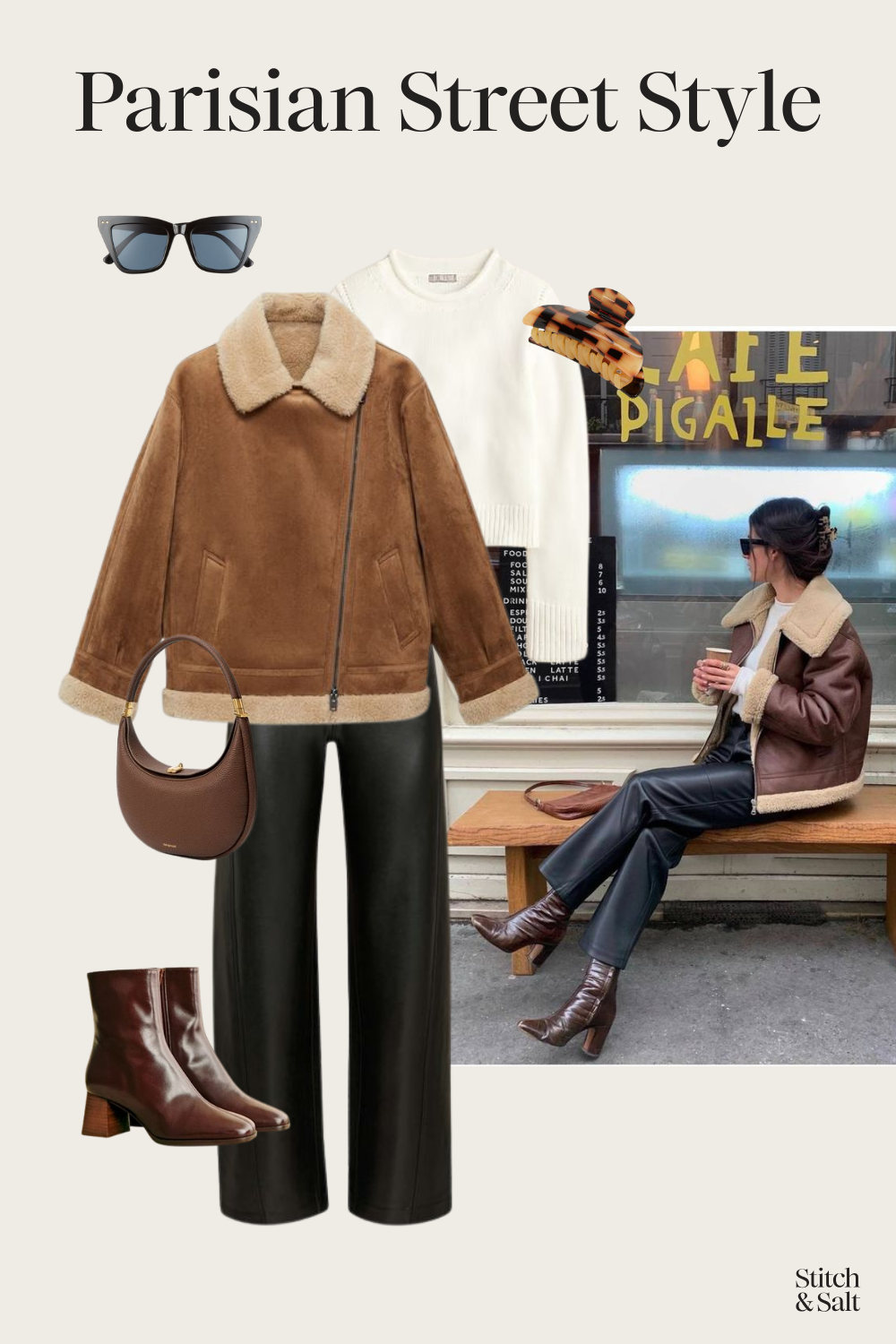 parisian winter outfit with a shearling lined brown leather coat, faux leather pants, and brown boots