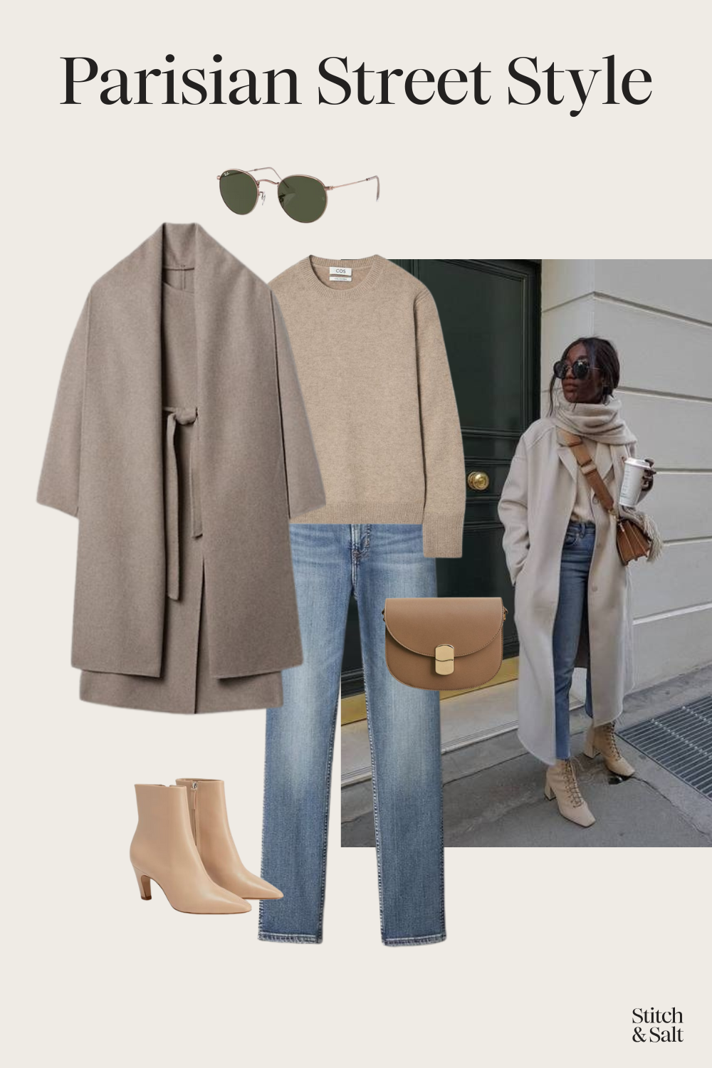 parisian inspired winter outfit with a taupe sweater, taupe coat with attached scarf, light wash denim, and cream colored ankle boots