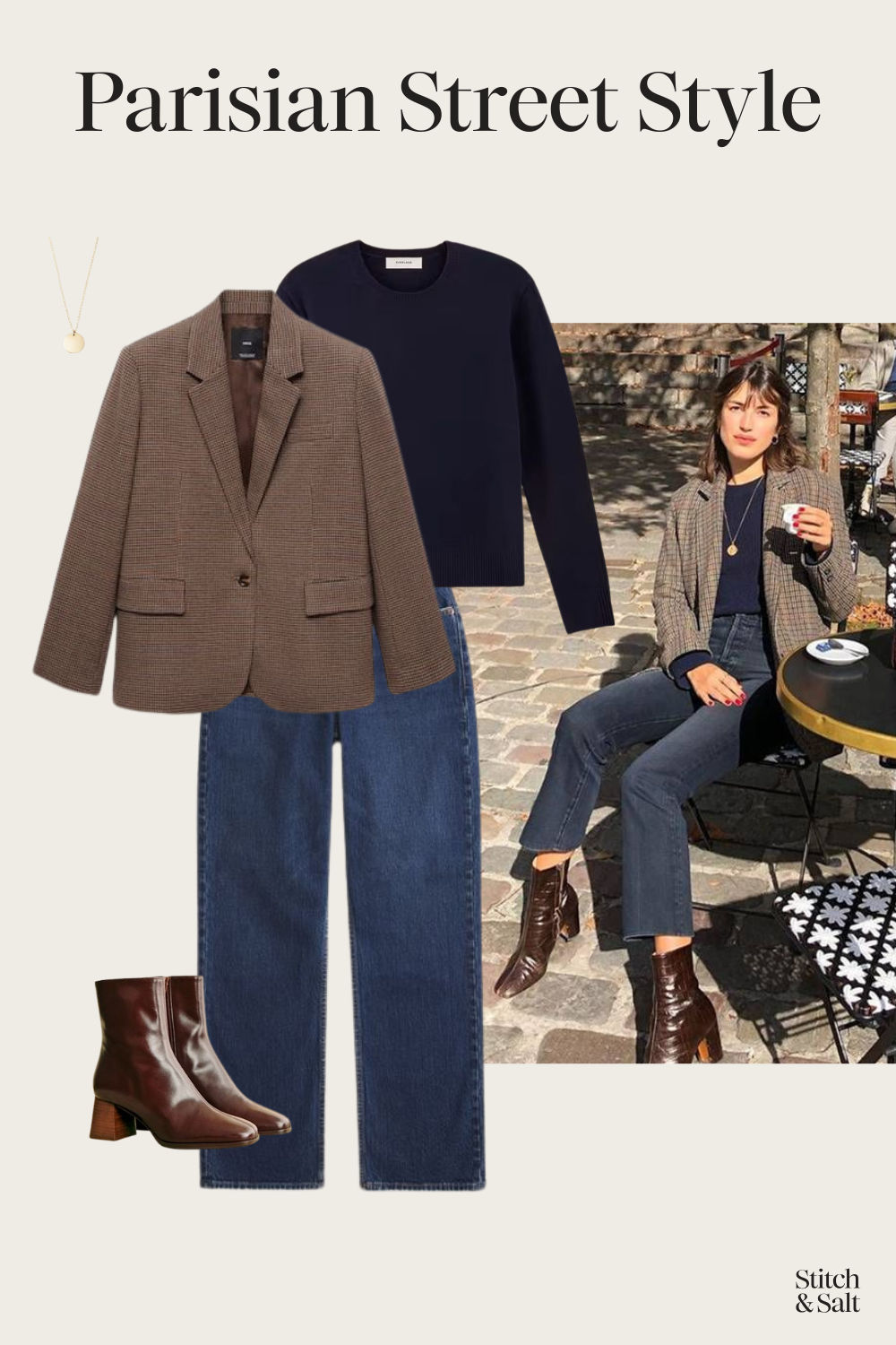 Parisian winter outfit to copy with a navy sweater, wool plaid blazer, dark wash denim, and brown ankle boots