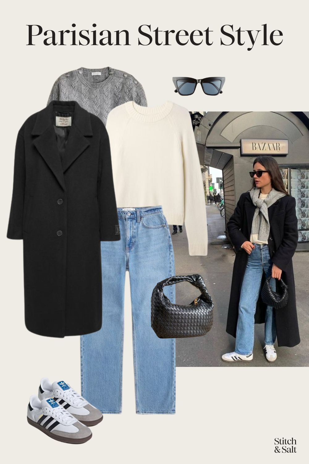Parisian winter outfit to copy with a cream sweater, black long coat with a gray sweater over the shoulders, straight leg jeans, and white Adidas Samba sneakers