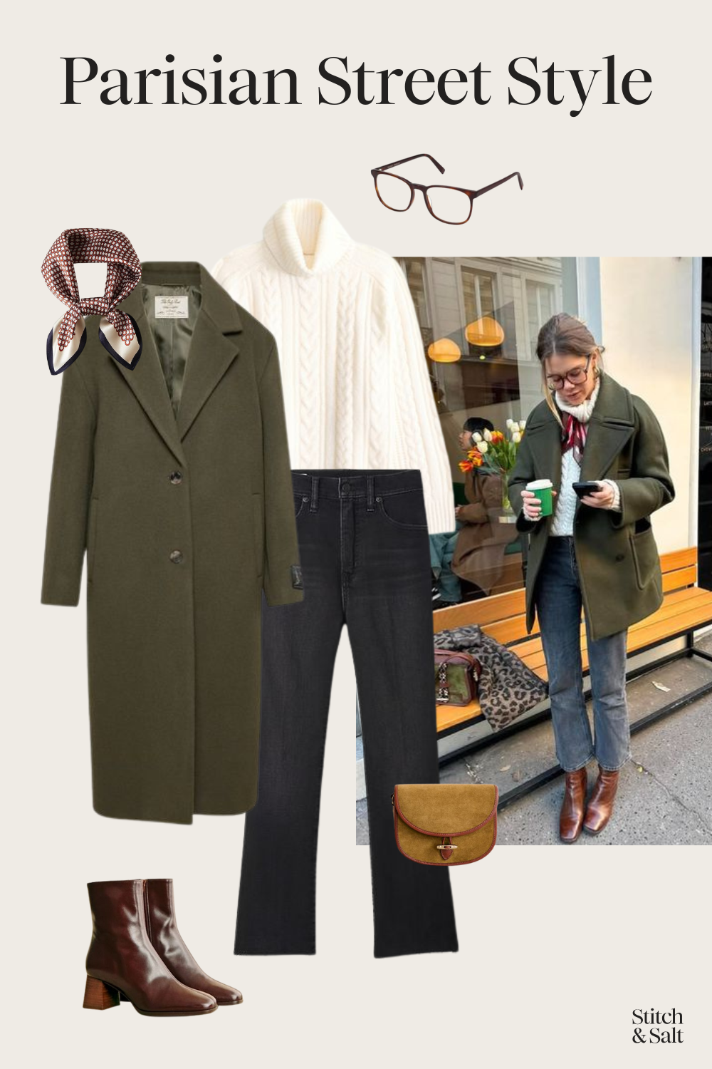 Parisian street style winter outfit with a cream cable knit turtleneck sweater, green coat, black jeans, and brown boots