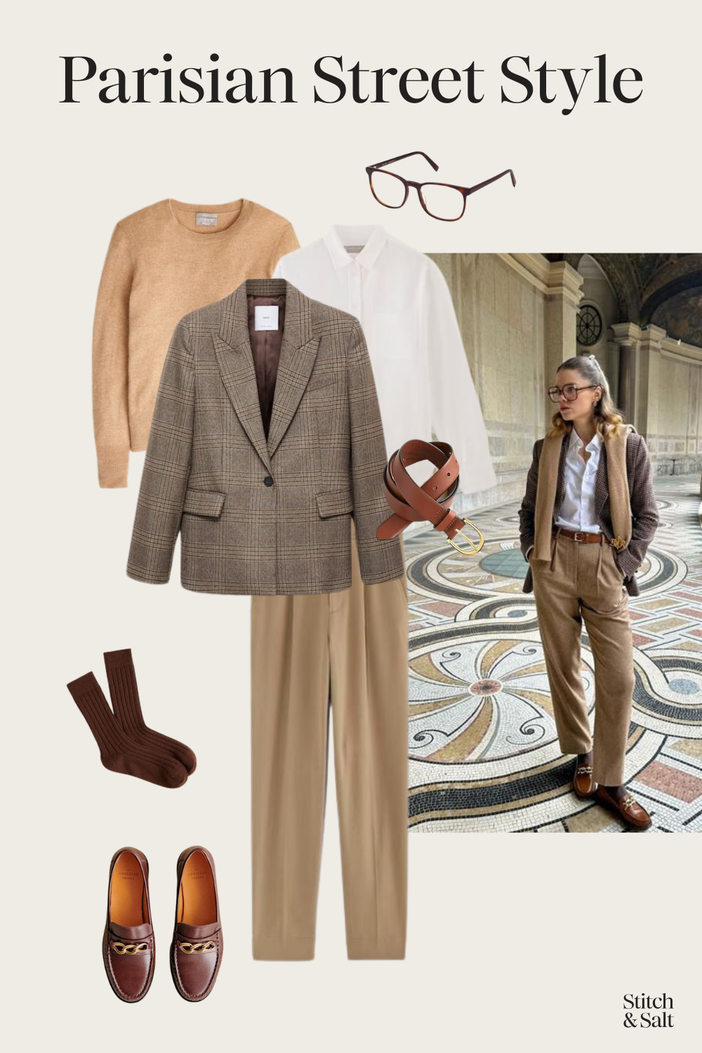 Parisian winter outfit to copy with a white button down, plaid blazer and camel sweater worn of the shoulders, tan cropped trousers, and brown leather loafers