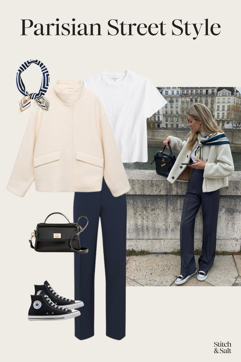 Parisian chic winter outfit idea with a white tee, white shearling coat, navy trousers, and black Converse high top sneakers