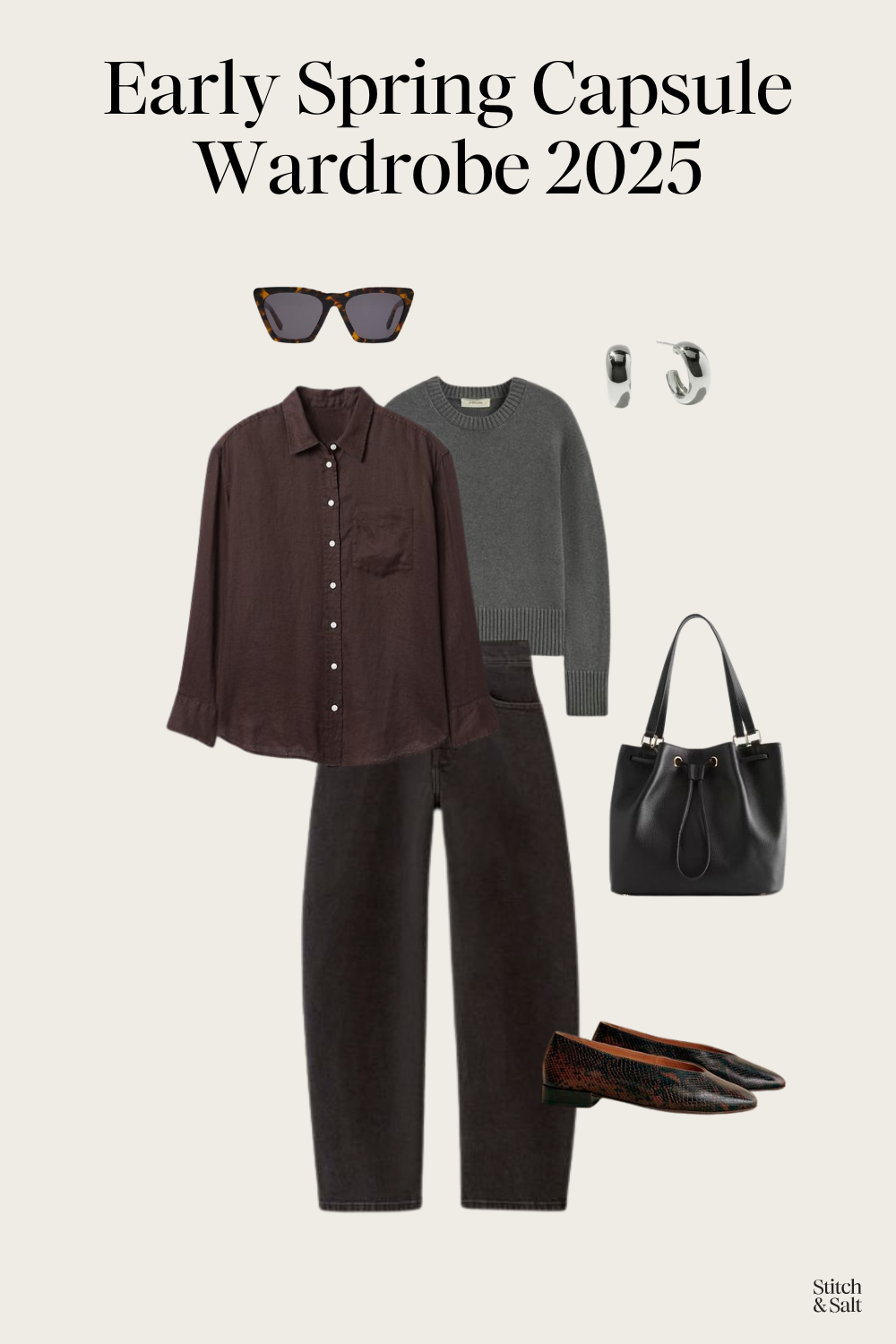 spring capsule outfit idea with a brown linen button down shirt and gray sweater worn over the shoulders, black barrel jeans and animal print ballet flats