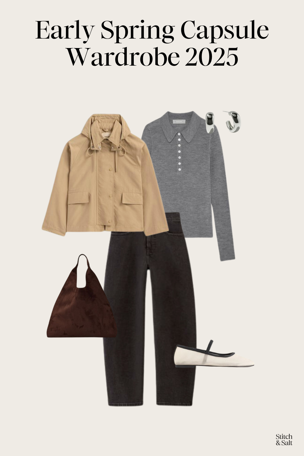 spring outfit idea with a gray polo sweater, tan anorak jacket, black barrel jeans, and mesh ballet flats