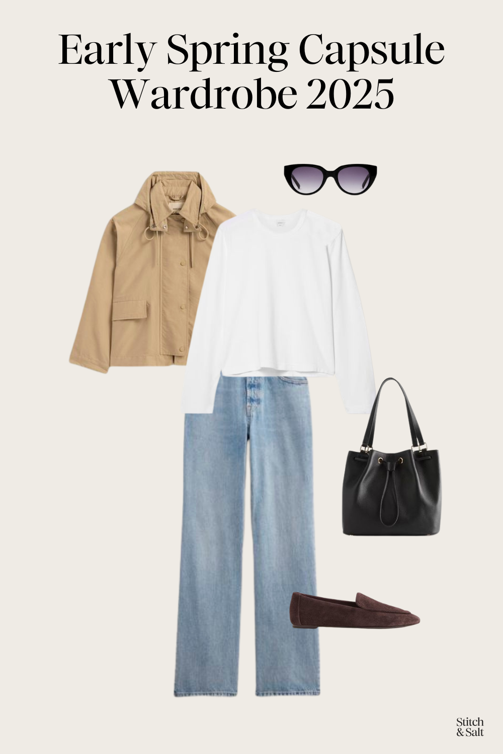 spring capsule outfit with a white tee, tan anorak jacket. light wash denim, and brown suede loafers