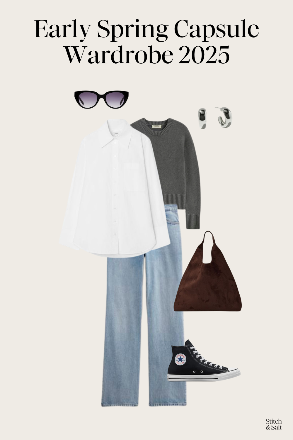 spring outfit idea with a white button down, gray sweater, light wash jeans, and black high top Converse