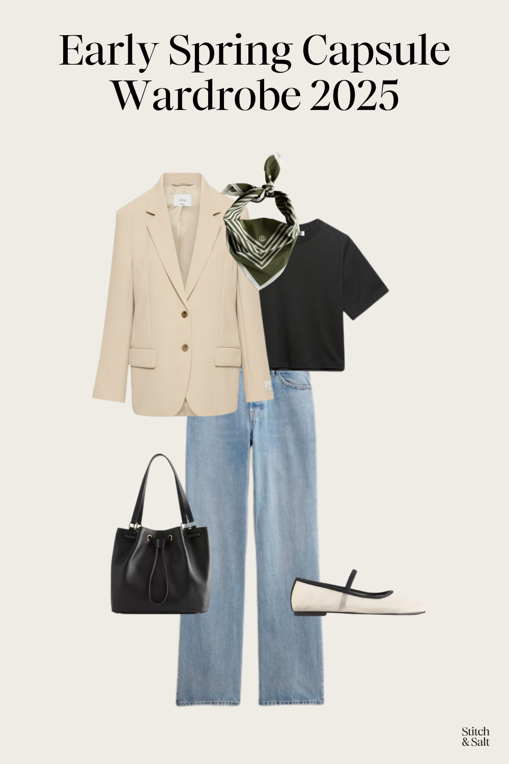 spring capsule wardrobe outfit idea with a black tee, green neck scarf, beige crepe blazer, light wash jeans, and mesh ballet flats