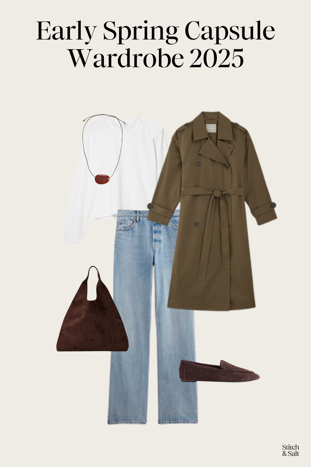 spring outfit idea with a white tee, green trench coat, light wash jeans, and brown suede loafers