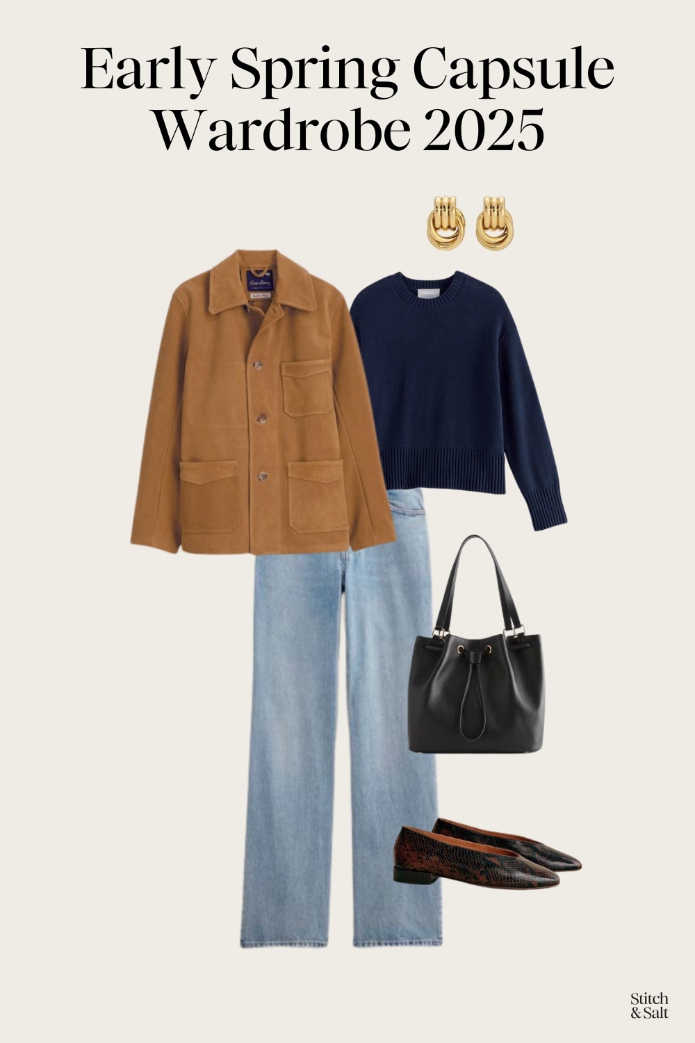 spring outfit idea with a navy cotton sweater, light brown suede jacket, light wash jeans, and animal print ballet flats