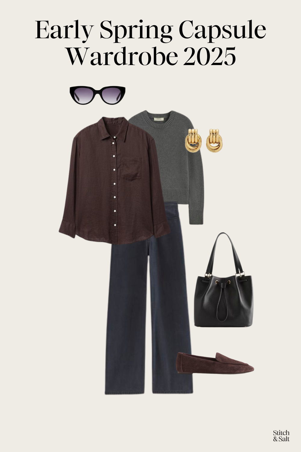 spring capsule outfit idea with a brown linen button down, gray sweater over the shoulders, dark wash baggy jeans, and brown suede loafers