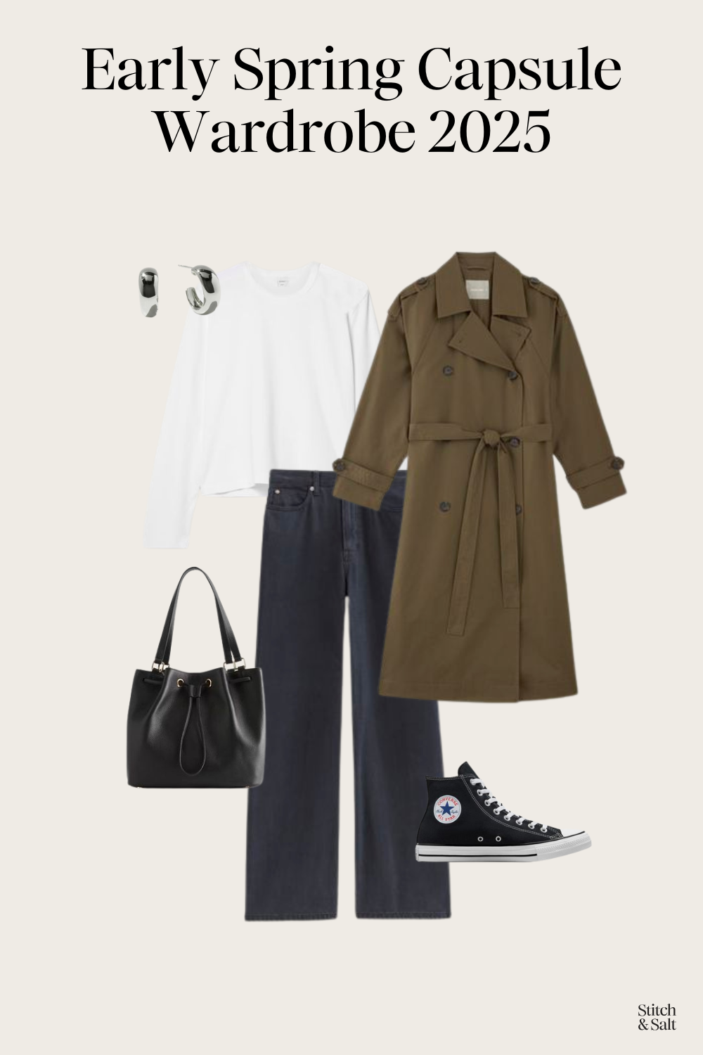 spring capsule wardrobe outfit idea with a white tee, green trench coat, dark wash baggy jeans, and high top Converse
