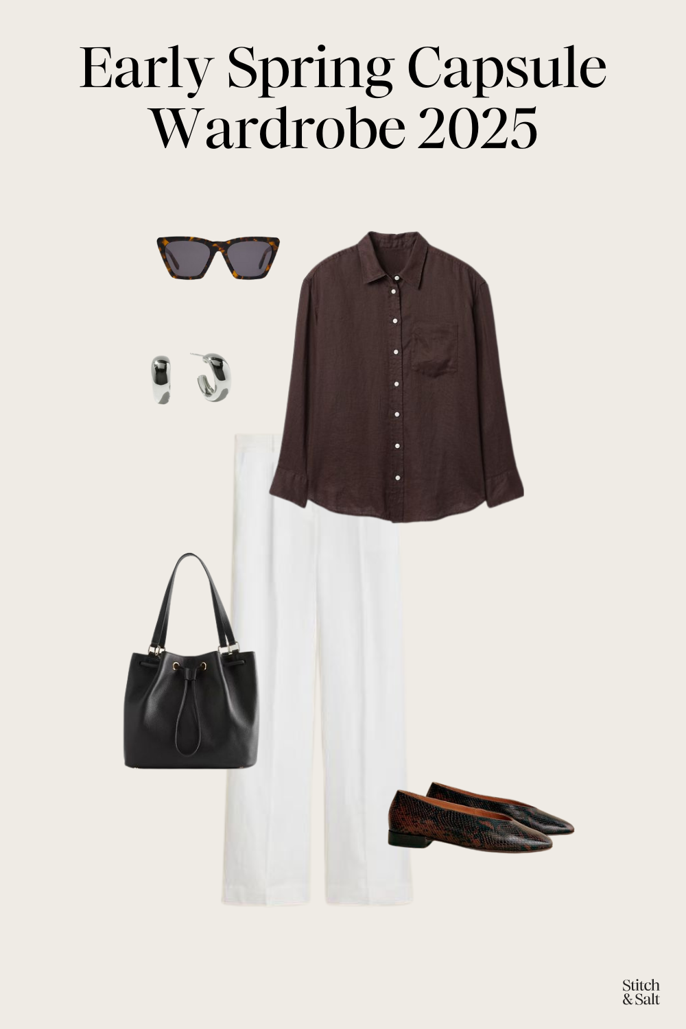 early spring outfit idea with a brown linen button down shirt, white linen pants, and animal print ballet flats