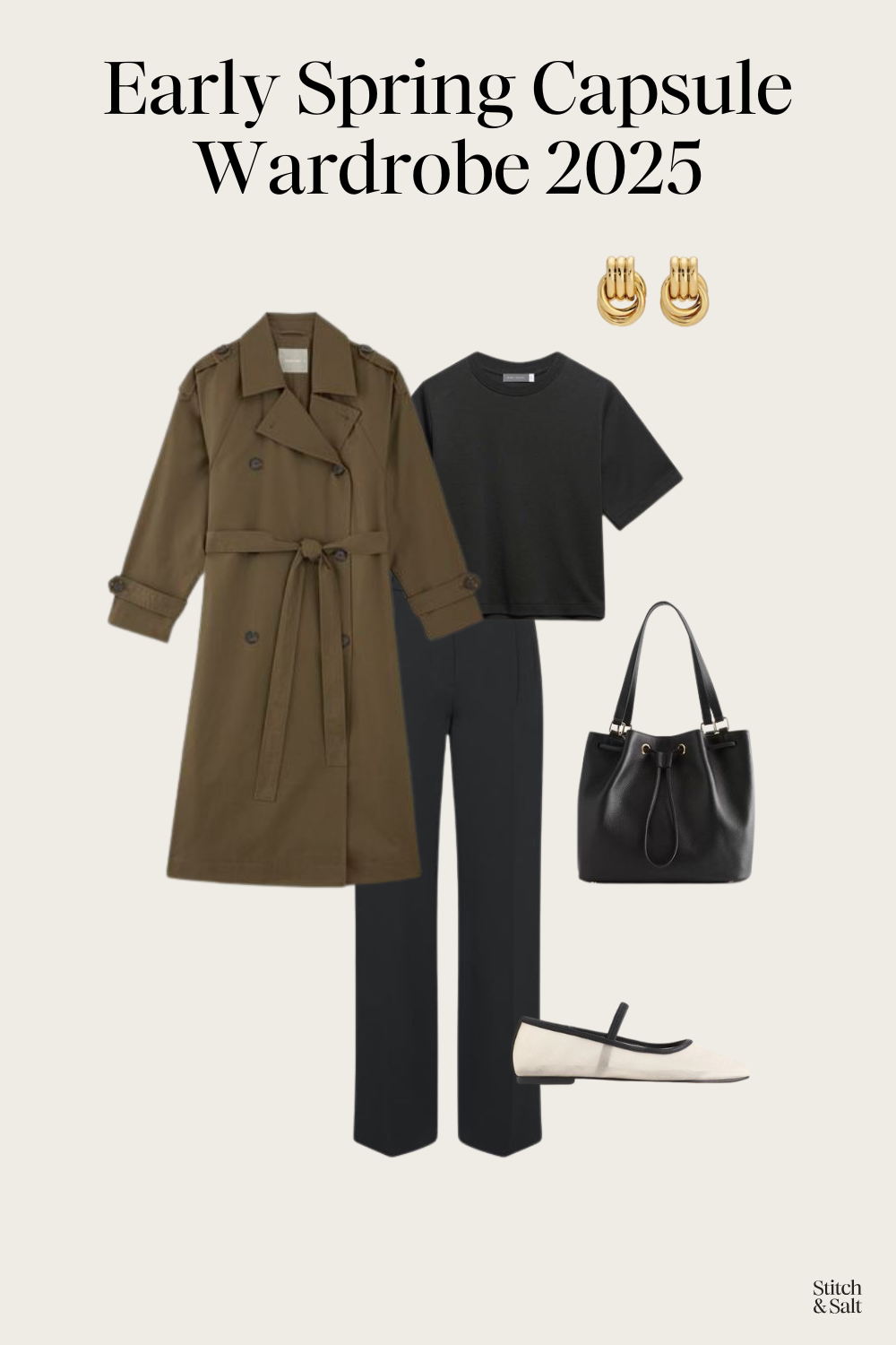 spring capsule outfit with a black tee, green trench coat, black trousers, and mesh ballet flats