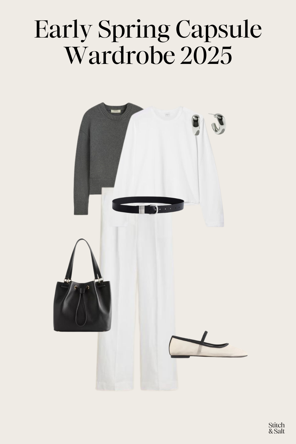 spring outfit idea with a white tee, gray sweater over the shoulders, white linen pants, and mesh ballet flats