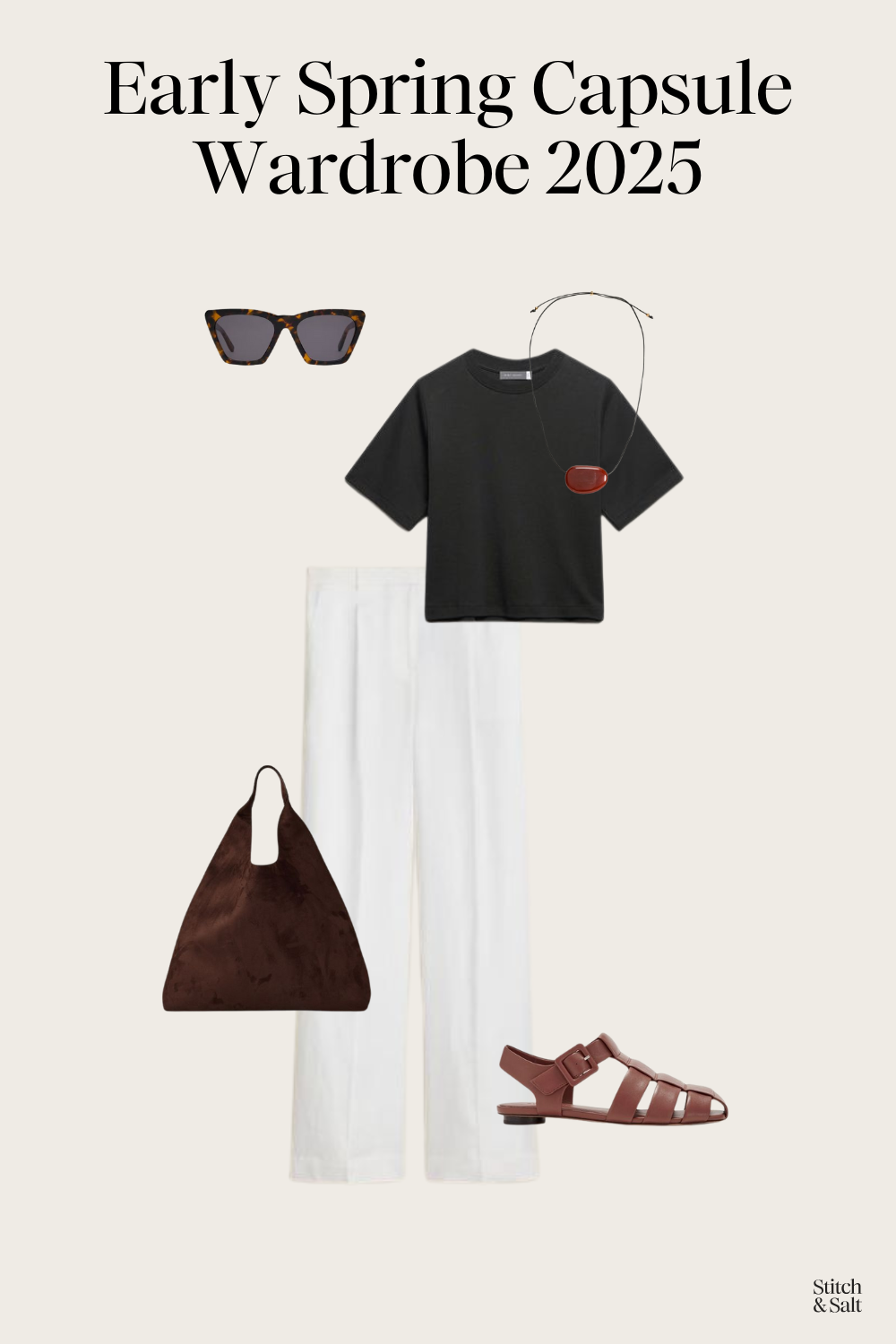 spring outfit idea with a black tee, white linen pants, brown leather fisherman sandals, and a brown suede tote bag