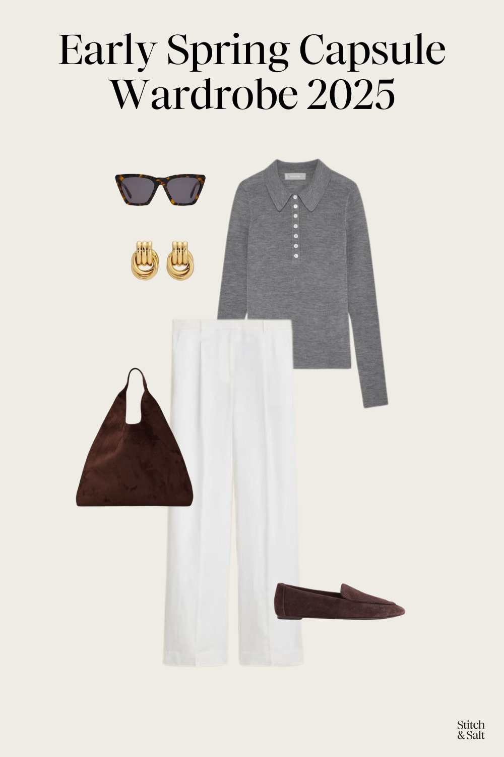 spring capsule outfit idea with a gray polo sweater, white linen pants, and brown suede loafers