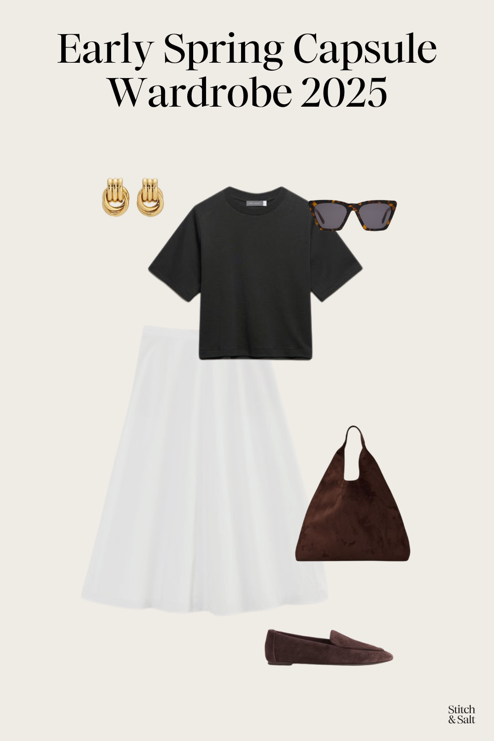 spring capsule outfit idea with a black tee, white poplin maxi skirt and brown suede loafers