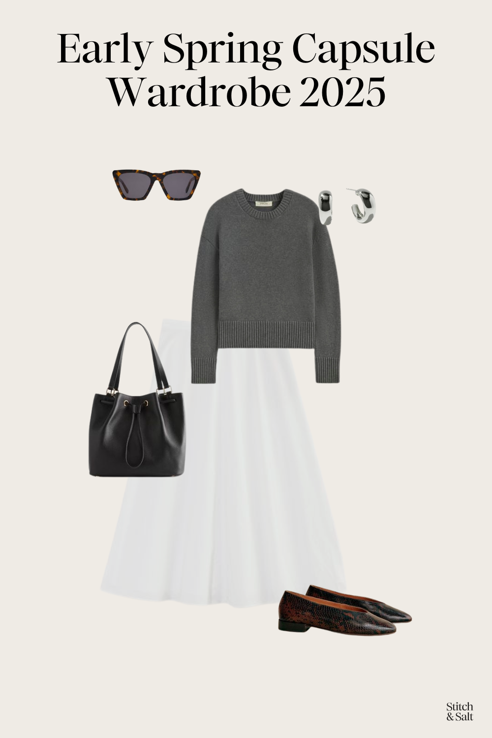 spring outfit idea with a gray sweater, white cotton maxi skirt, python print ballet flats