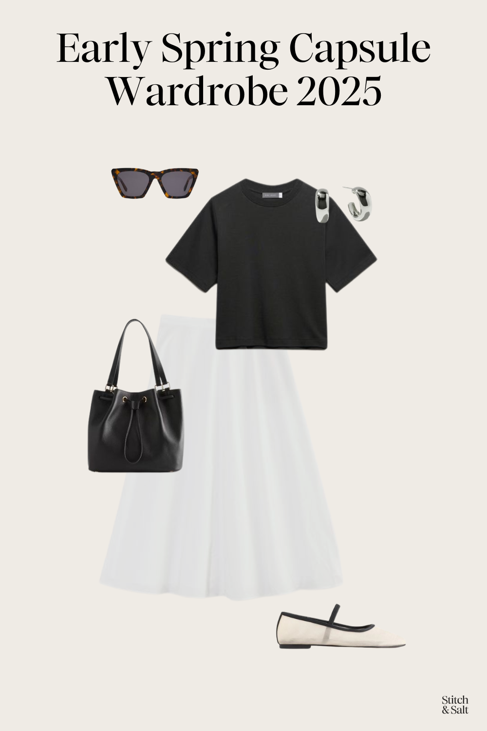 spring outfit idea with a black tee, white poplin maxi skirt, and mesh ballet flats