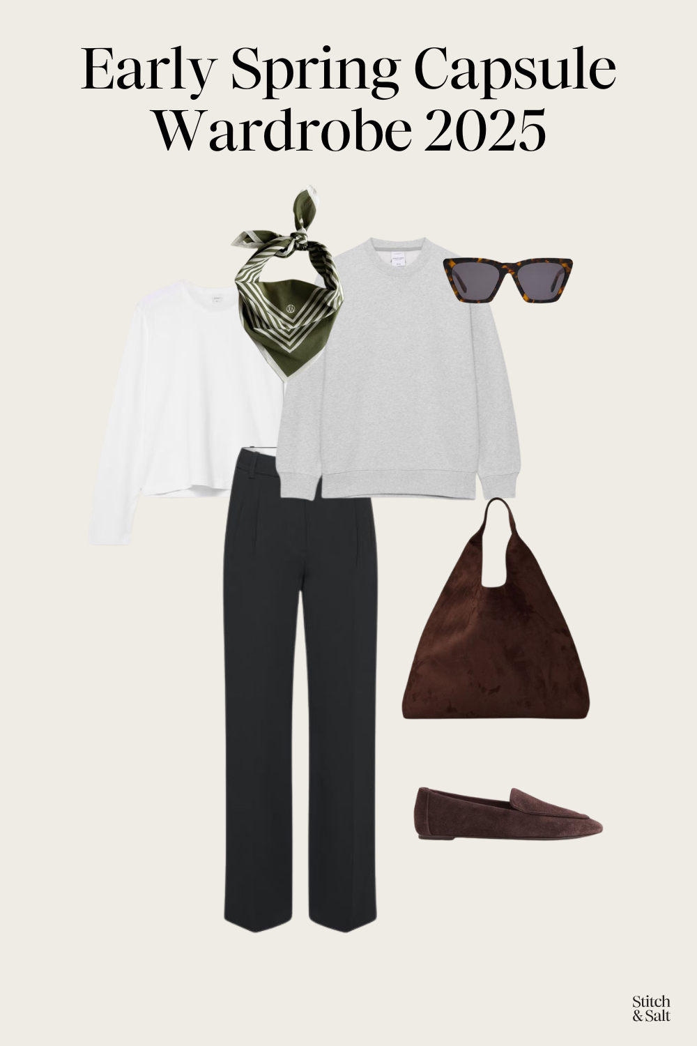 early spring capsule wardrobe with a white tee, gray sweatshirt, black trousers, and suede loafers