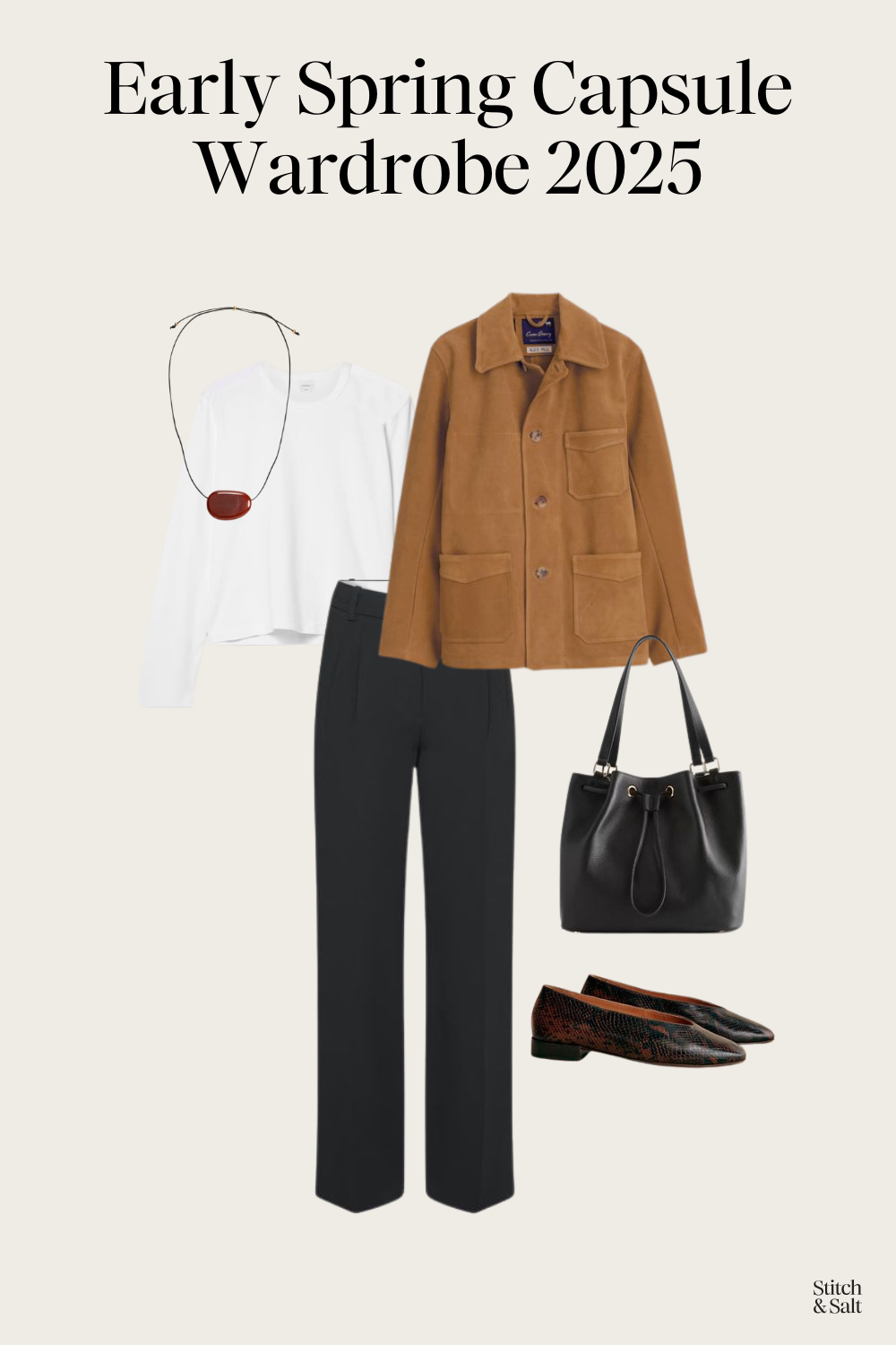 early spring capsule wardrobe with a white tee, suede jacket, black trousers, and ballet flats