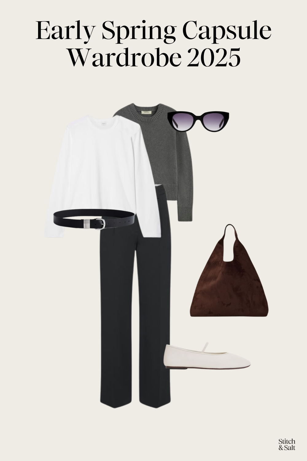 early spring capsule wardrobe outfit with a white tee, gray sweater, black trousers, and white mary jane ballet flats