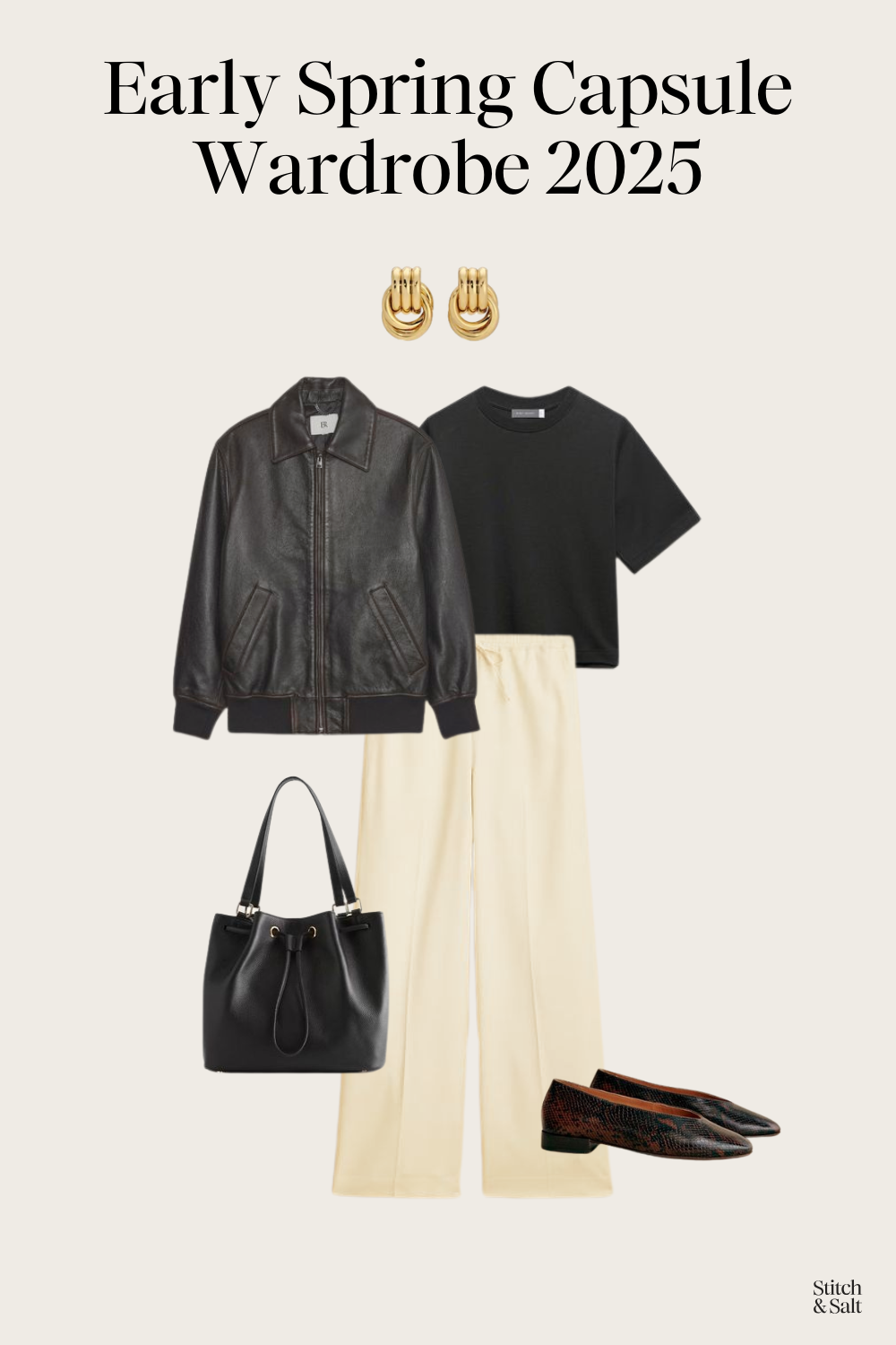 spring outfit idea with a black tee, leather jacket, silk pants, and animal print ballet flats