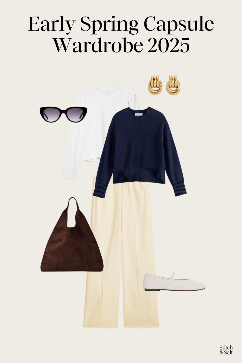 spring capsule outfit idea with a white tee, navy cotton sweater, silk pants, and white mary jane ballet flats