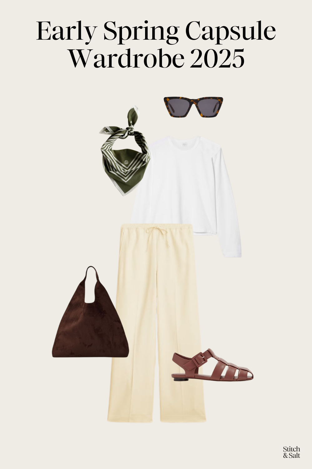 spring outfit idea with a white tee, green neck scarf, cream silk pants, and brown leather fisherman sandals