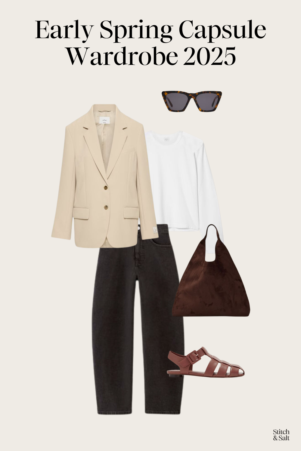 spring outfit idea with a white tee, beige crepe blazer, black barrel jeans, and brown leather fisherman sandals