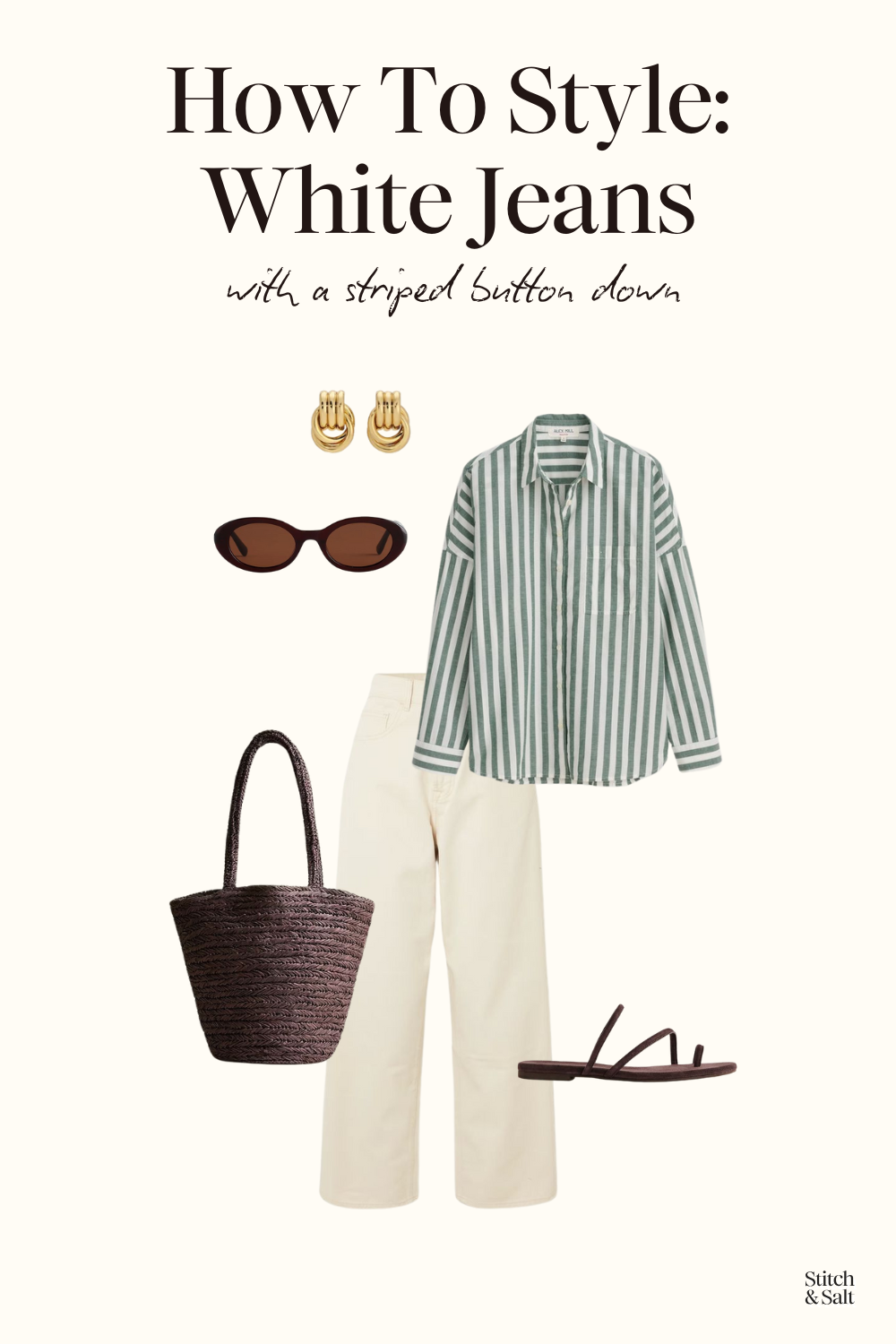 outfit with white jeans, a striped tee, brown woven bag, and brown sandals