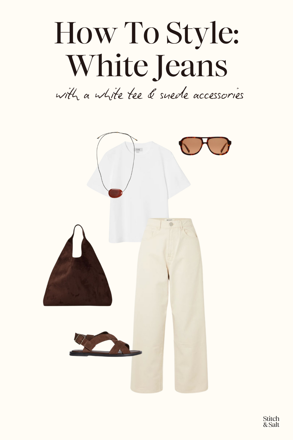 outfit with white jeans, a white tee, suede sandals, a suede bag, stone pendant necklace, and aviator sunglasses