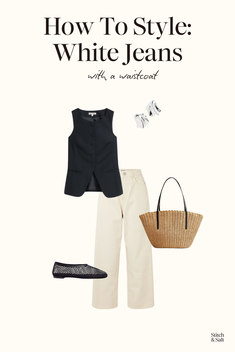 outfit with white jeans, a black waistcoat, black mesh flats, silver stud earrings, and a basket tote bag