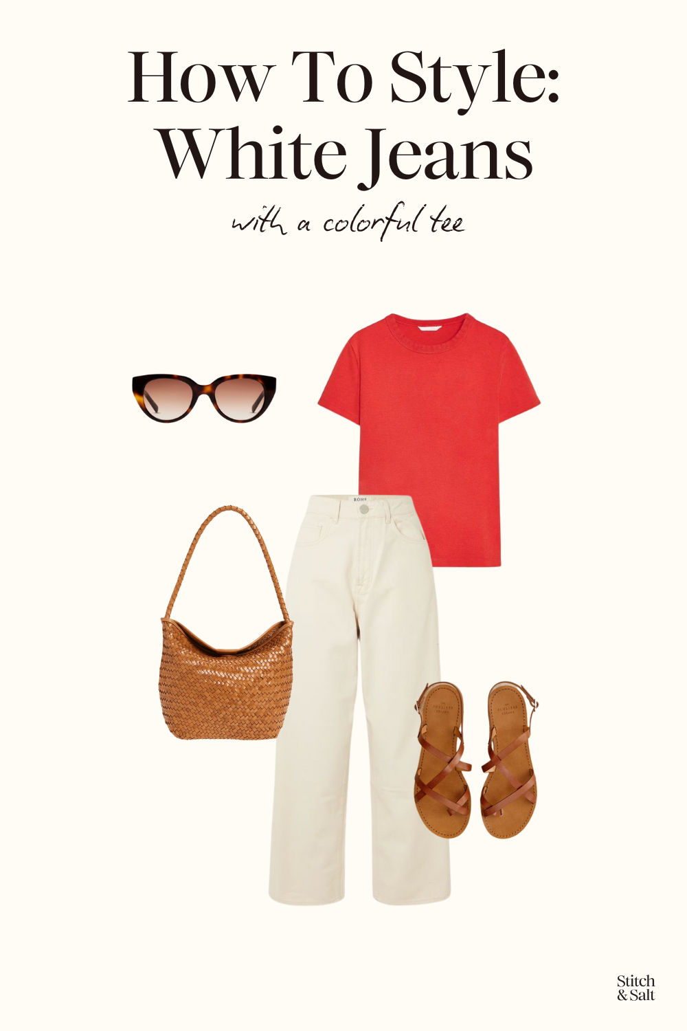 outfit with white jeans, a red tee, brown leather sandals, and a brown woven bag
