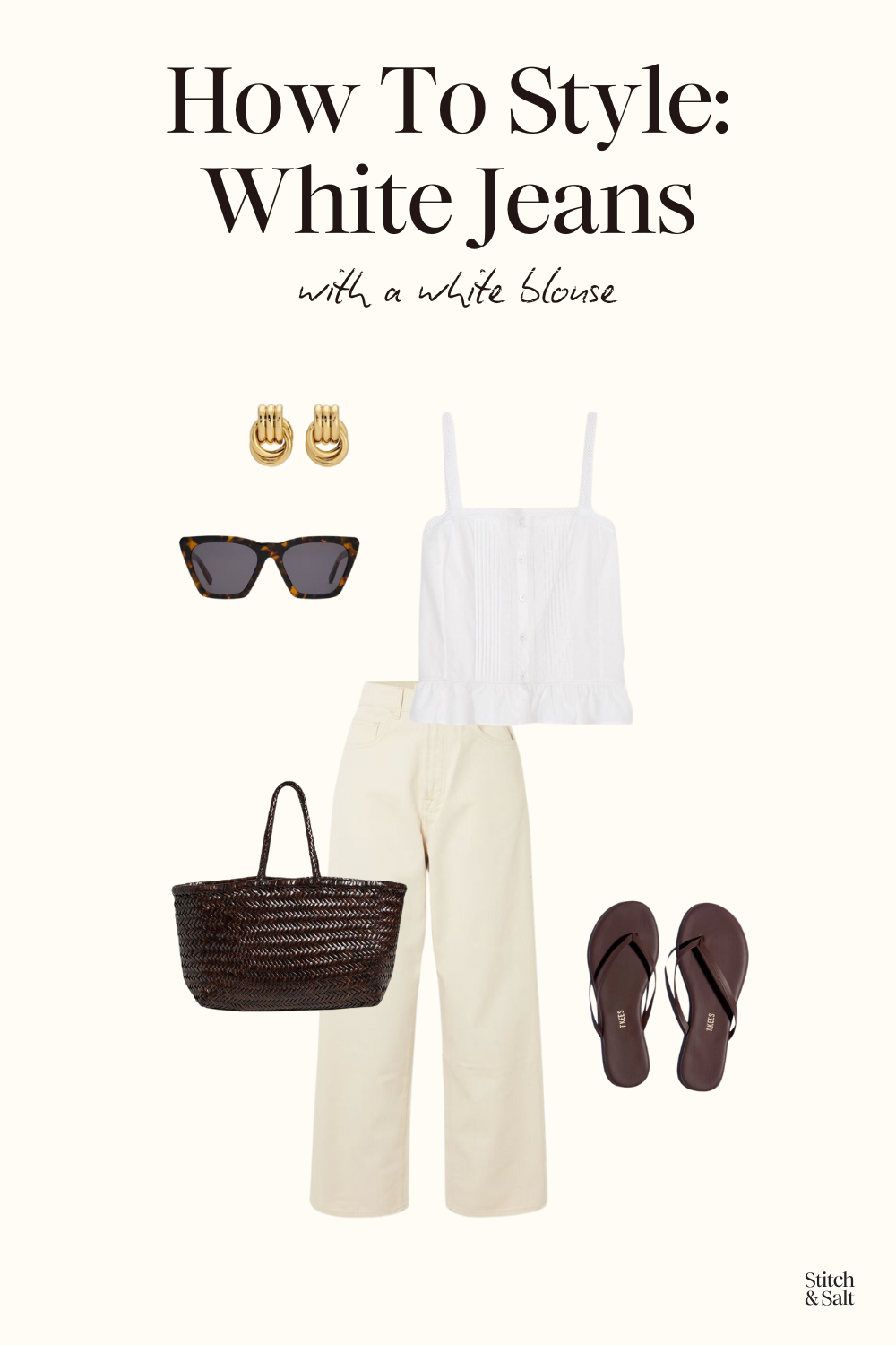 outfit with white jeans, a white sleeveless blouse, brown flip flops, and a brown woven tote bag