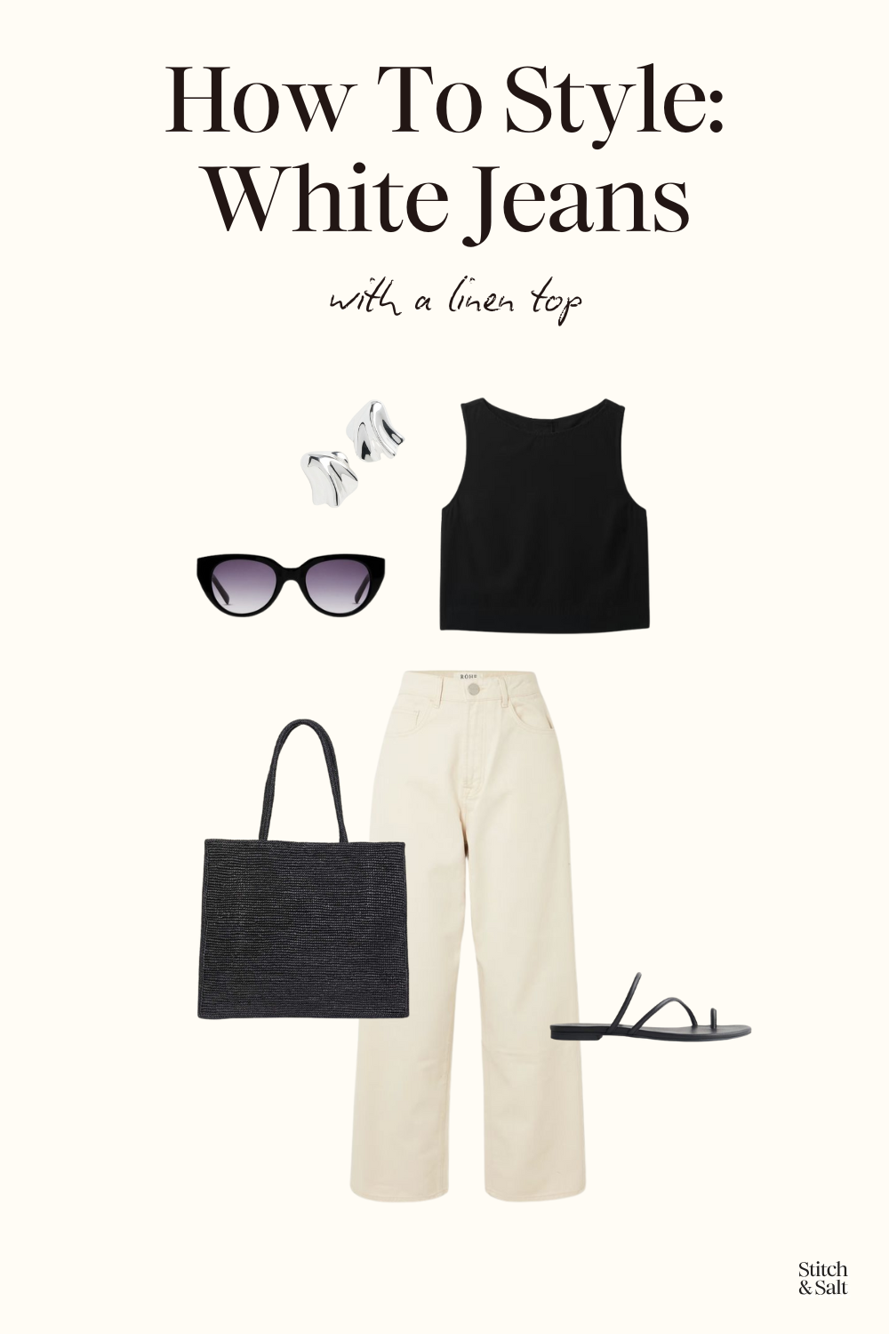 outfit with white jeans, a cropped linen top, black strappy sandals, a black woven tote bag, and black cat eye sunglasses