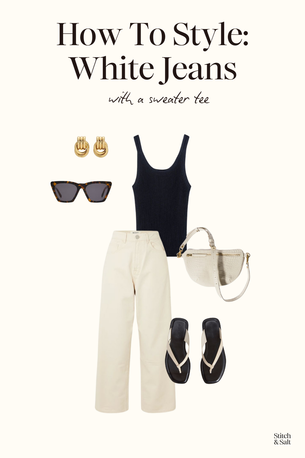 outfit with white jeans, a navy sweater tee, white leather sandals, and an ivory sling bag