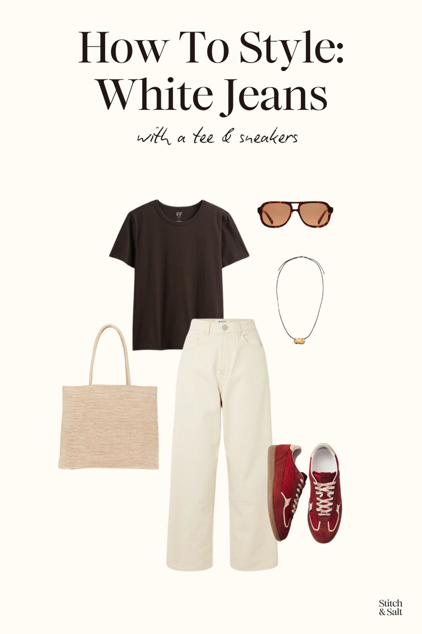outfit with white jeans, brown tee, red sneakers, a tan woven tote bag, and aviator sunglasses
