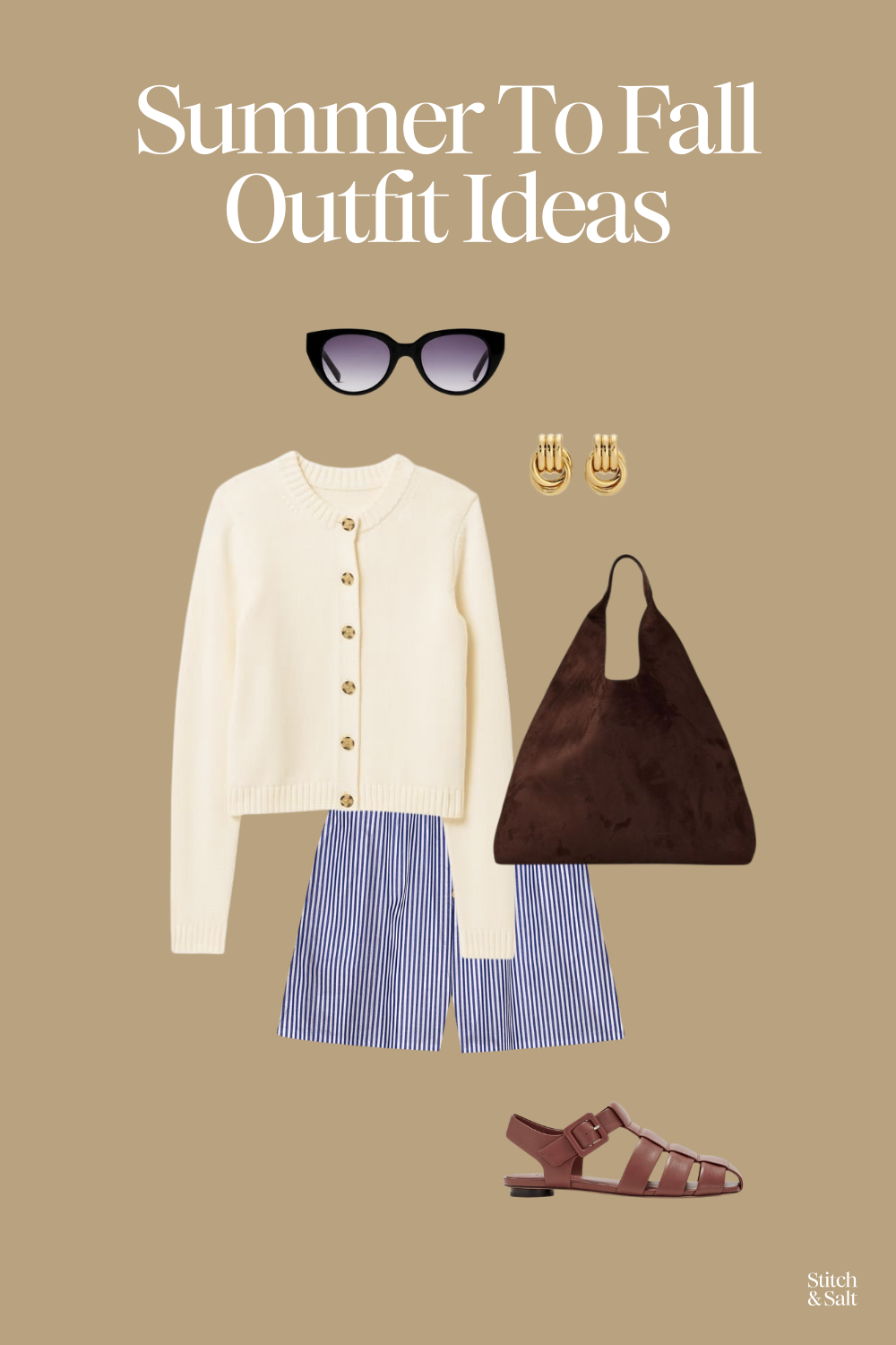 summer to fall outfit with a cream colored cardigan sweater, blue and white striped boxer shorts, brown leather fisherman sandals, a faux suede tote bag, gold knot earrings, and cat eye sunglasses